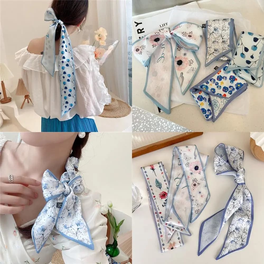 Vintage French Pastoral Style Hair Tie Rose Plum Blossom Silk Scarf Headband Bag/Hair Accessories Bag Strap Women Girls