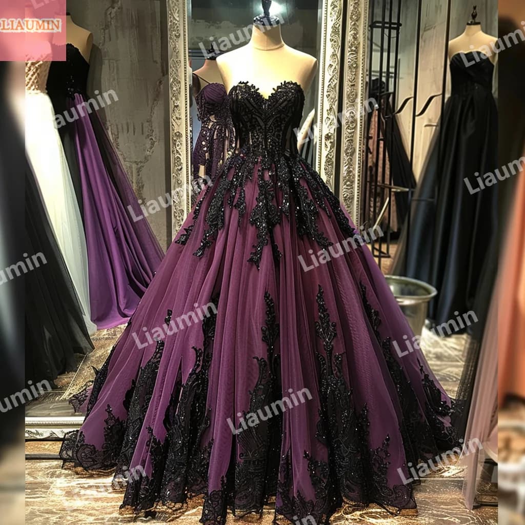 Classic Custom Purple Tulle Black Lace Applique Beading Strapless Evening Prom Dresses Bridal Gowns Full Length Formal W15-44.4