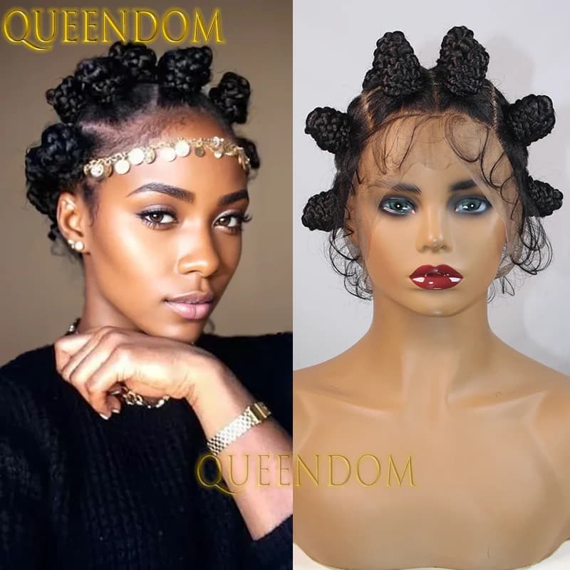 Queendom Synthetic Bantu Knots Braided Wig Knotless Full Lace Jumbo Box Braids Wig HD Crochet Braid Wigs For Black Women Afrian