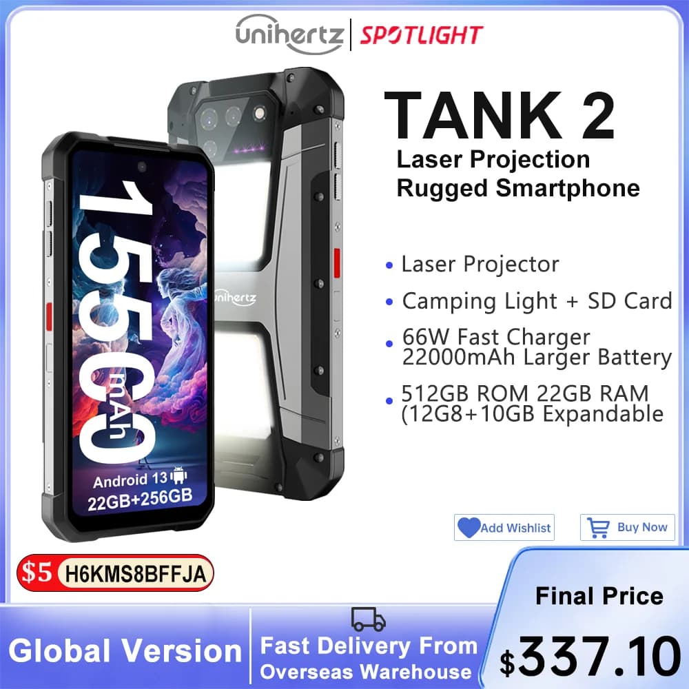 Unihertz 8849 tank 2 projector powered smartphone 22GB 256GB camping light cellphones 108mp G99 64MP night vision mobile phones