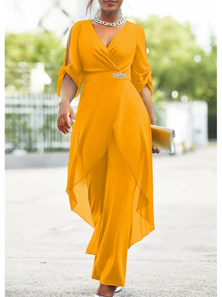 2024 Plus Size 6XL7XL 2-Piece Set Chiffon V-Neck Top and Loose Pants Elegant Commuting Plus Size Women 2-Piece Set