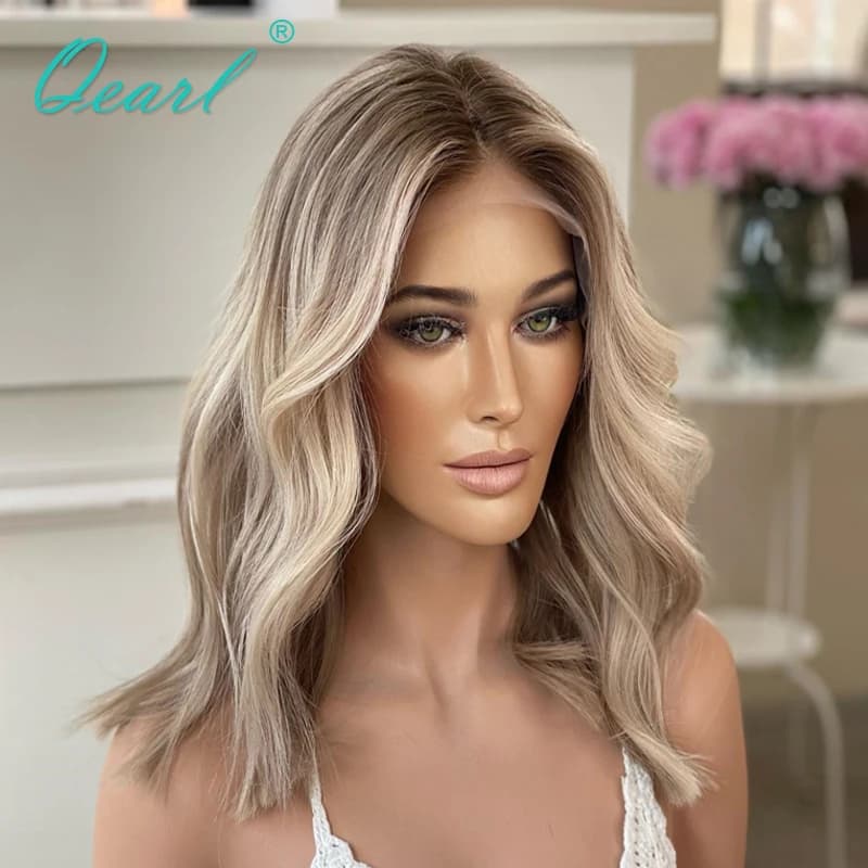 Glueless Lace Frontal Wigs Human Hair 13x4 Ash Blonde with Honey Brown Highlights Loose Deep Wave Lace Wig Sale for Woman Qearl