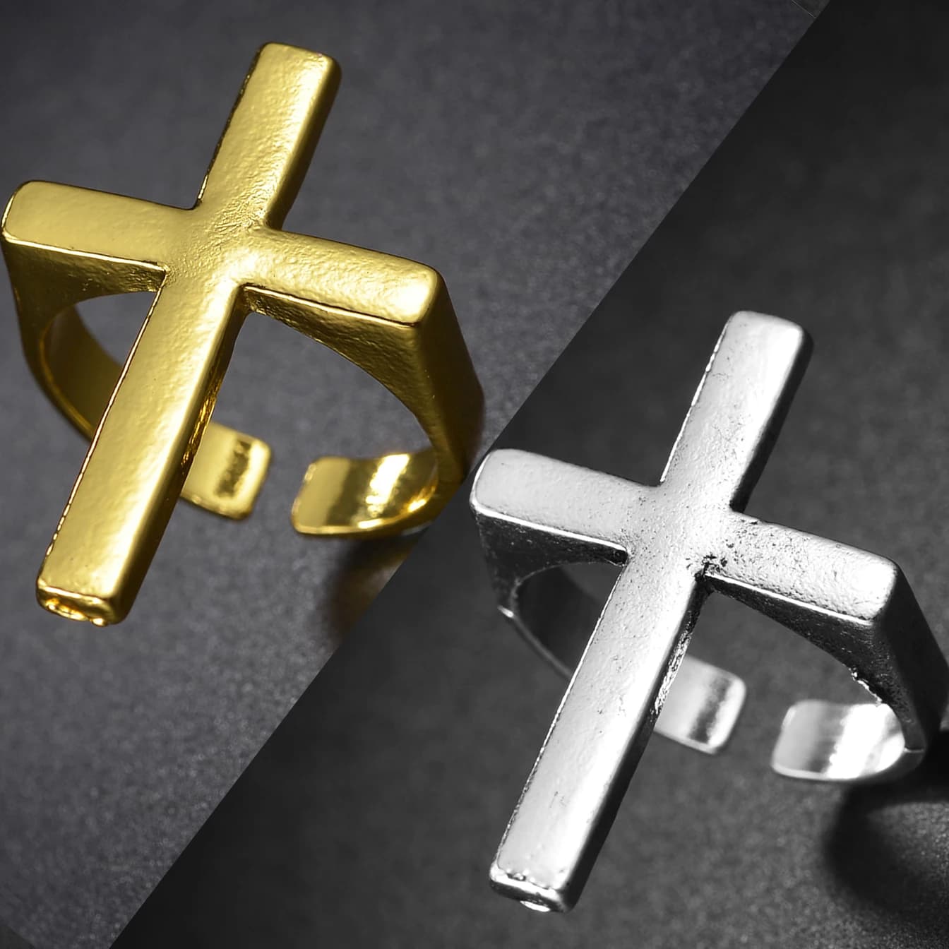 1PC Punk Vintage Black Big Cross Open Ring For Women Party Jewelry Men Trendy Gothic Gold Silver Color Finger Rings Anillo