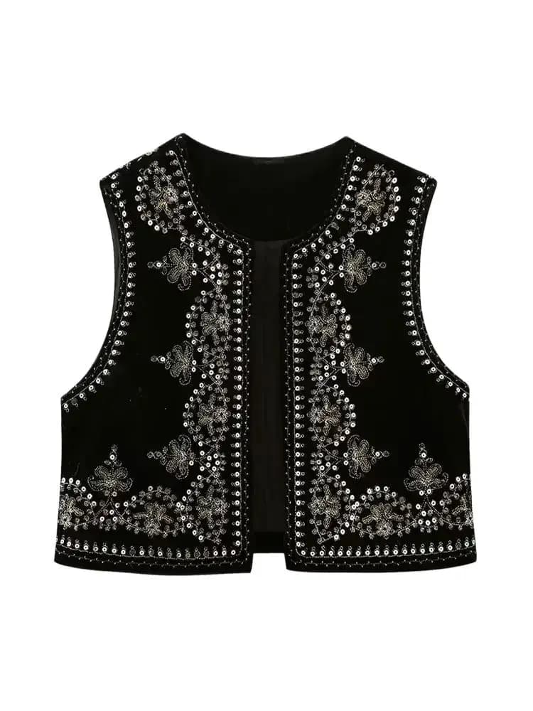 TRZA Women Fashion With Sequin Floral Embroidery Crop Waistcoat Vintage O Neck Sleeveless Female Outerwear Chic Vest Tops