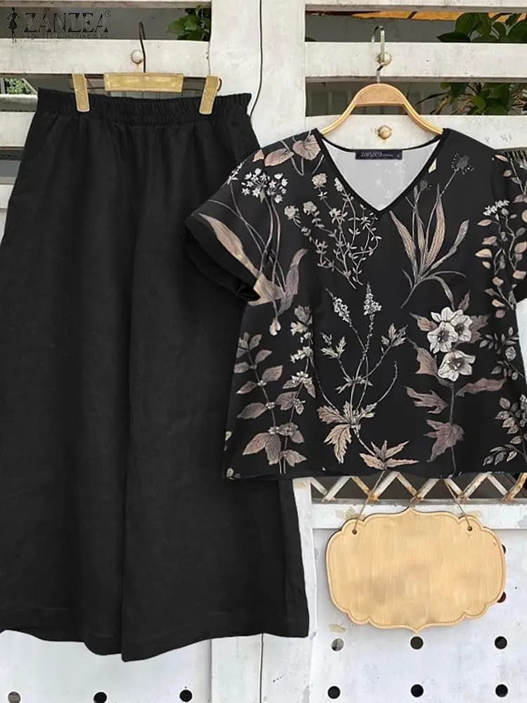 Bohemian Pant Sets Summer Fashion Tracksuits ZANZEA Vintage Short Sleeve Prints Blouse Wide Leg Trouser Suit 2pcs Women Outfits