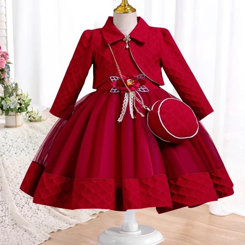 3-8 years old Girls' Dress 2024 New Fashionable Flower Mesh Skirt+Coat Two Piece Set Carnival Birthday Party Performance Dress