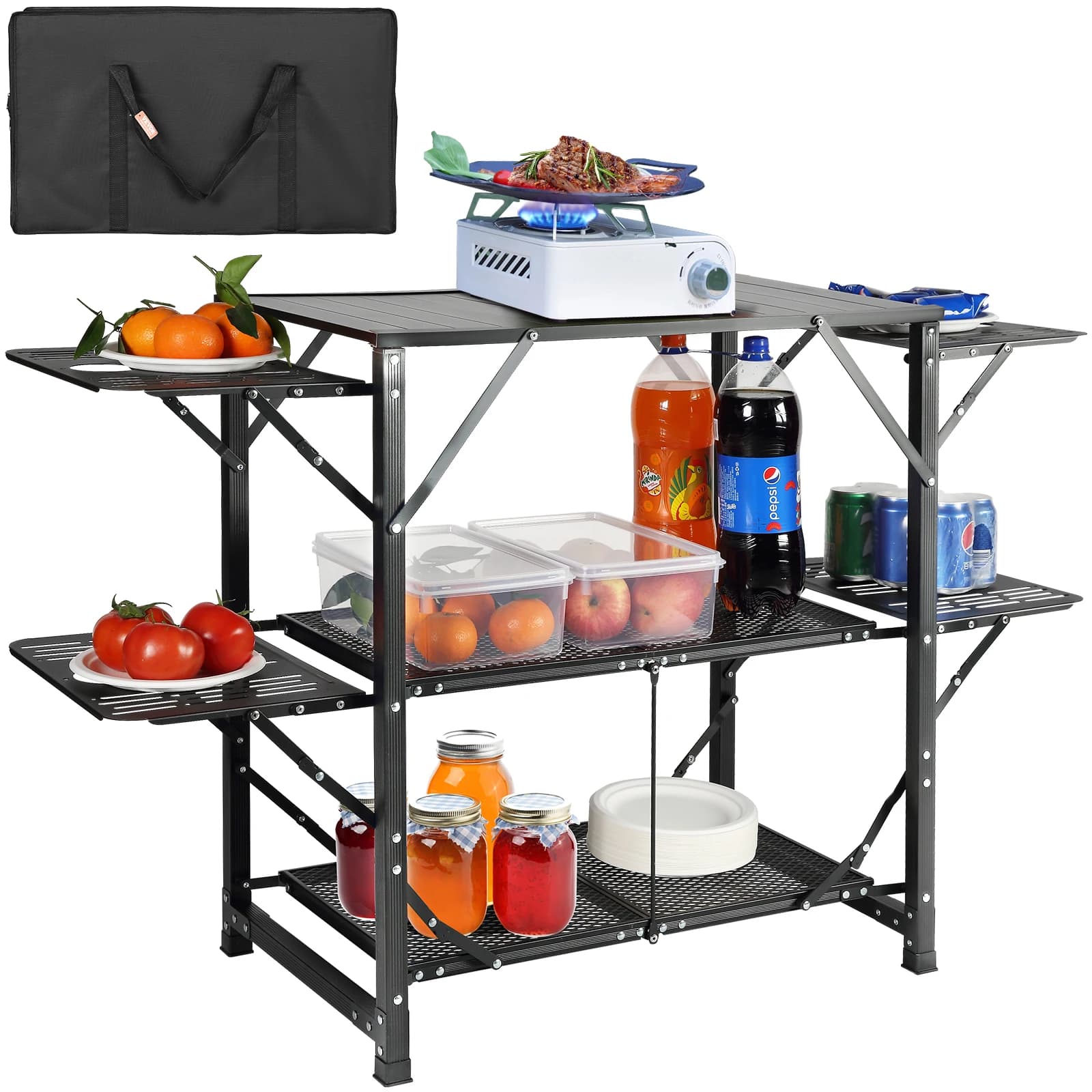 SucceBuy Camping Kitchen Table One-piece Folding Portable Cook Station Aluminum Camping Folding Table for Outdoor Picnics BBQ