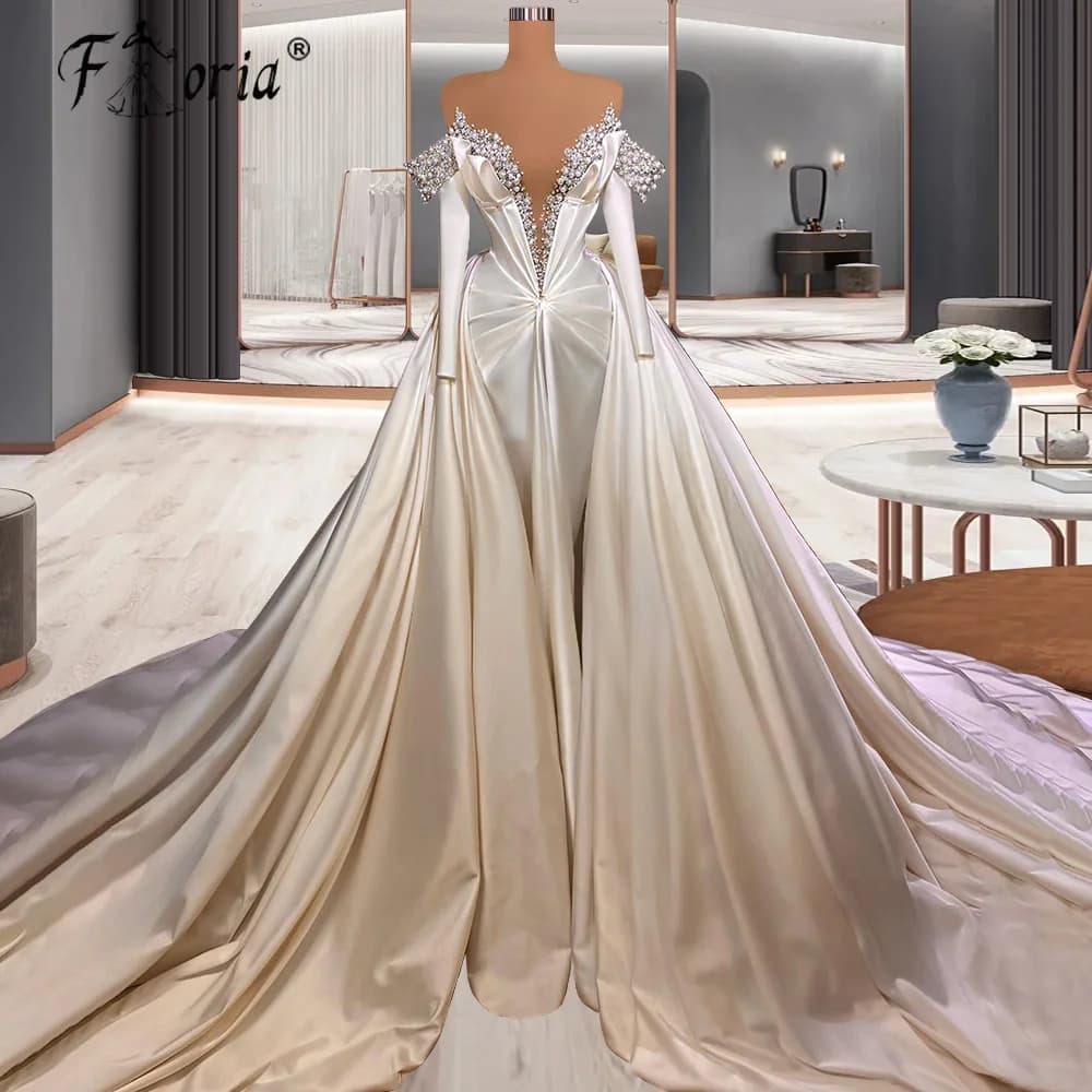 Vestido De Noiva Elegant Pearls Crystal Mermaid Wedding Dress 2024 Couture Long Sleeve Overskirt Satin Bridal Gown African Woman
