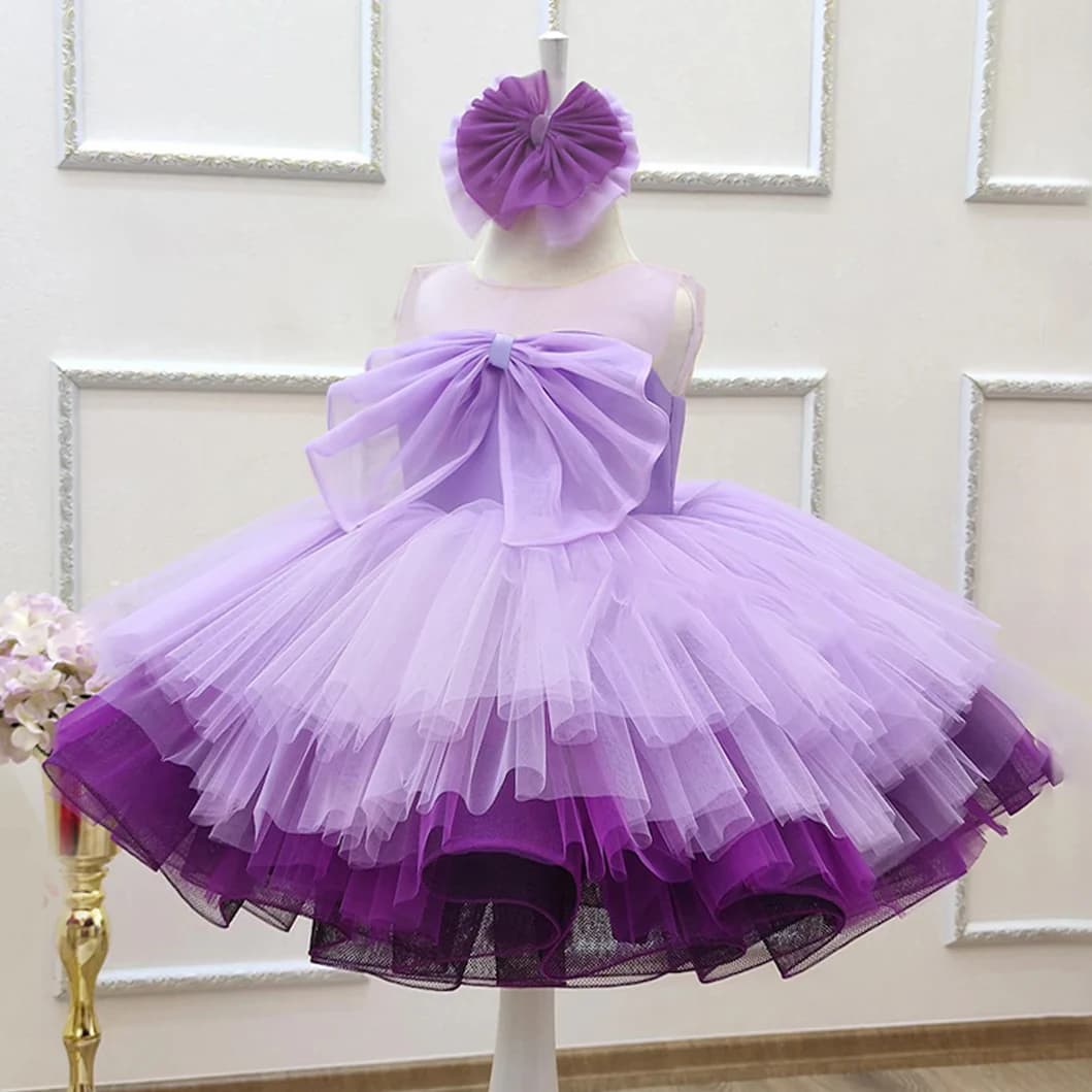 Big Bow Baby Girls Purple Party Dress Fluffy Tulle 1st Birthday Wedding Baptism Princess Dresses for Kids Tutu Bridemaid Costume