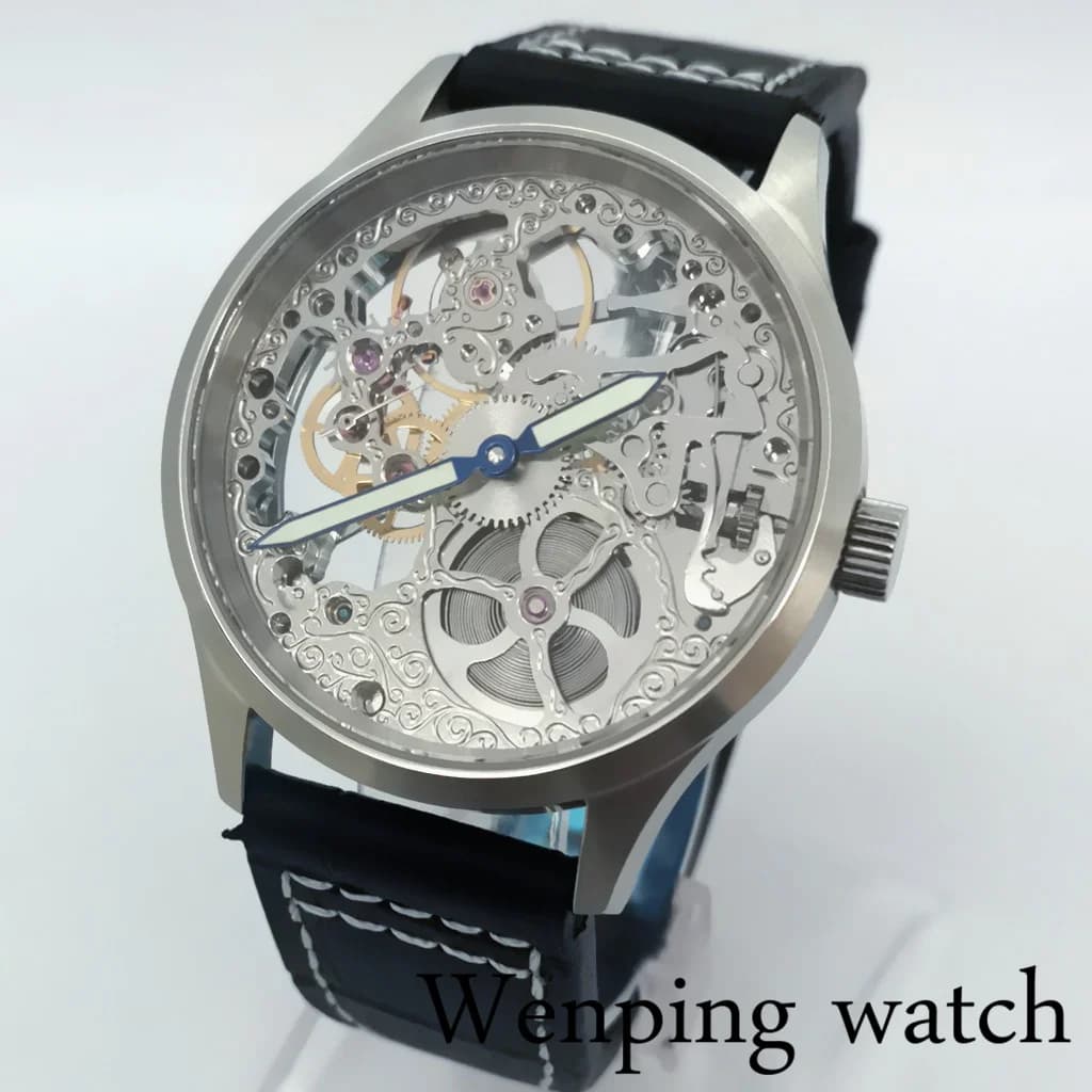 Mens Top Watch 43mm Sapphire Glass Brushed Case 17 Jewels Full Skeleton Movement Leather Strap  Mens Retro Watches