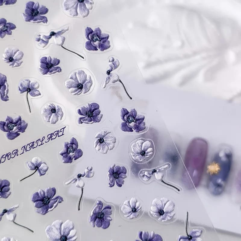 Charm Purple Flower 5D Soft Embossed Relief Self Adhesive Nail Art Decorations Stickers High Quality 3D Manicure Decal Wholesale