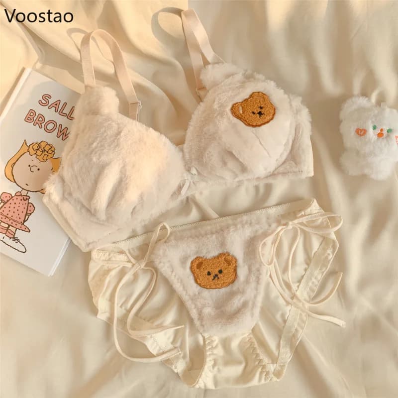 Sweet Lolita Bra and Panty Set Sexy Cute Bear Embroidery Plush Warm Underwear Underpants Suit Women Kawaii Lingerie Briefs Set