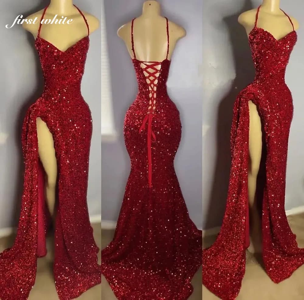Customized Dark Red Sequins Prom Dresses Halter High Split Corset Back Mermaid Plus Size Celebrity Party Formal Evening vestido