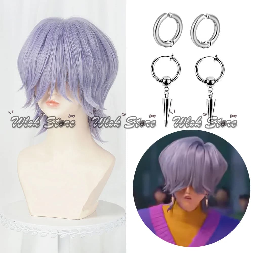 KPop Demon Hunters Saja Boys Mystery Cosplay Wig Light Purple Hair Men Women Halloween Party Carnival Accessories Earrings