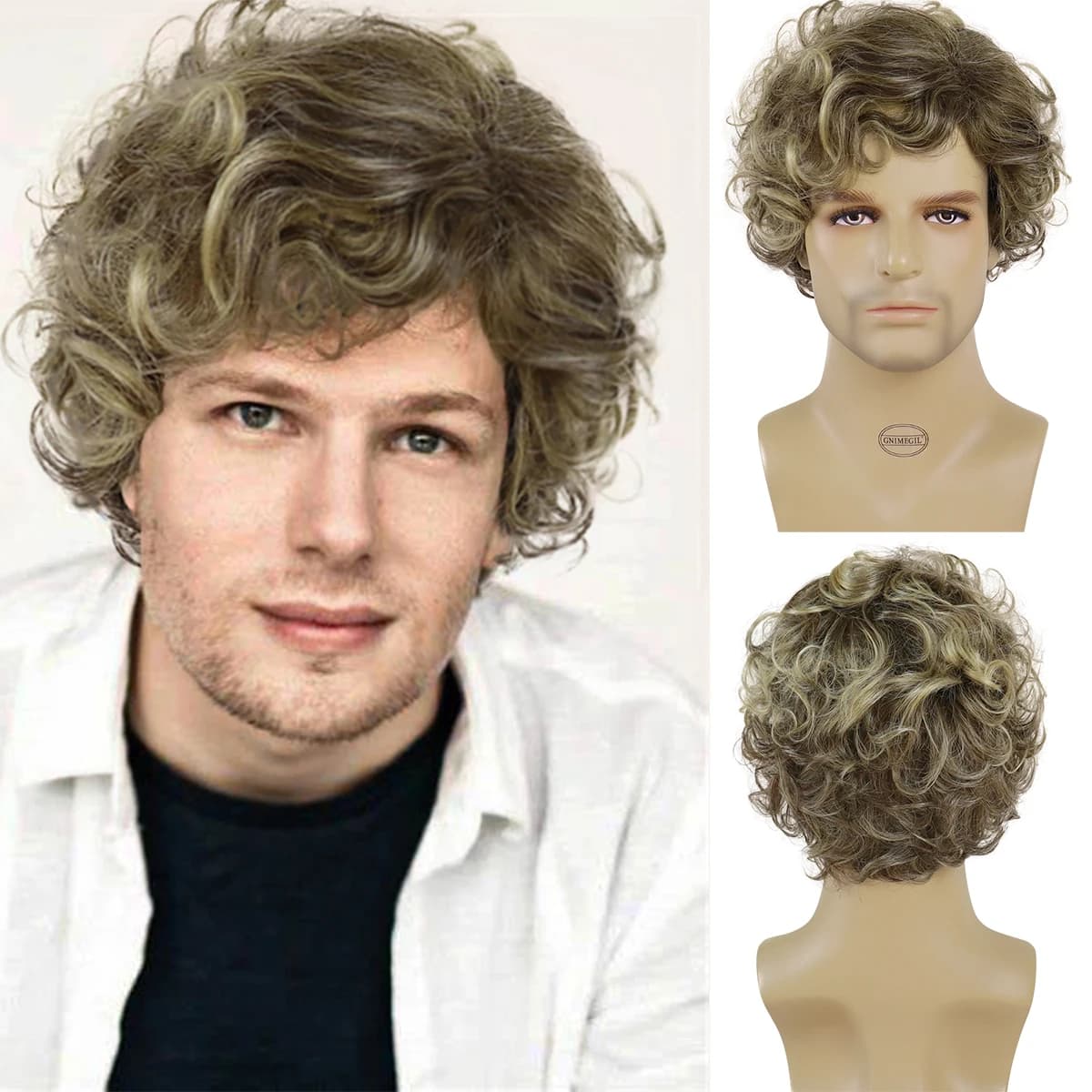 Synthetic Ombre Blonde Wig Short Wigs for Men Messy Curly Hair Daily Cosplay Middle Aged Male Father Gift Wig Natural Breathable