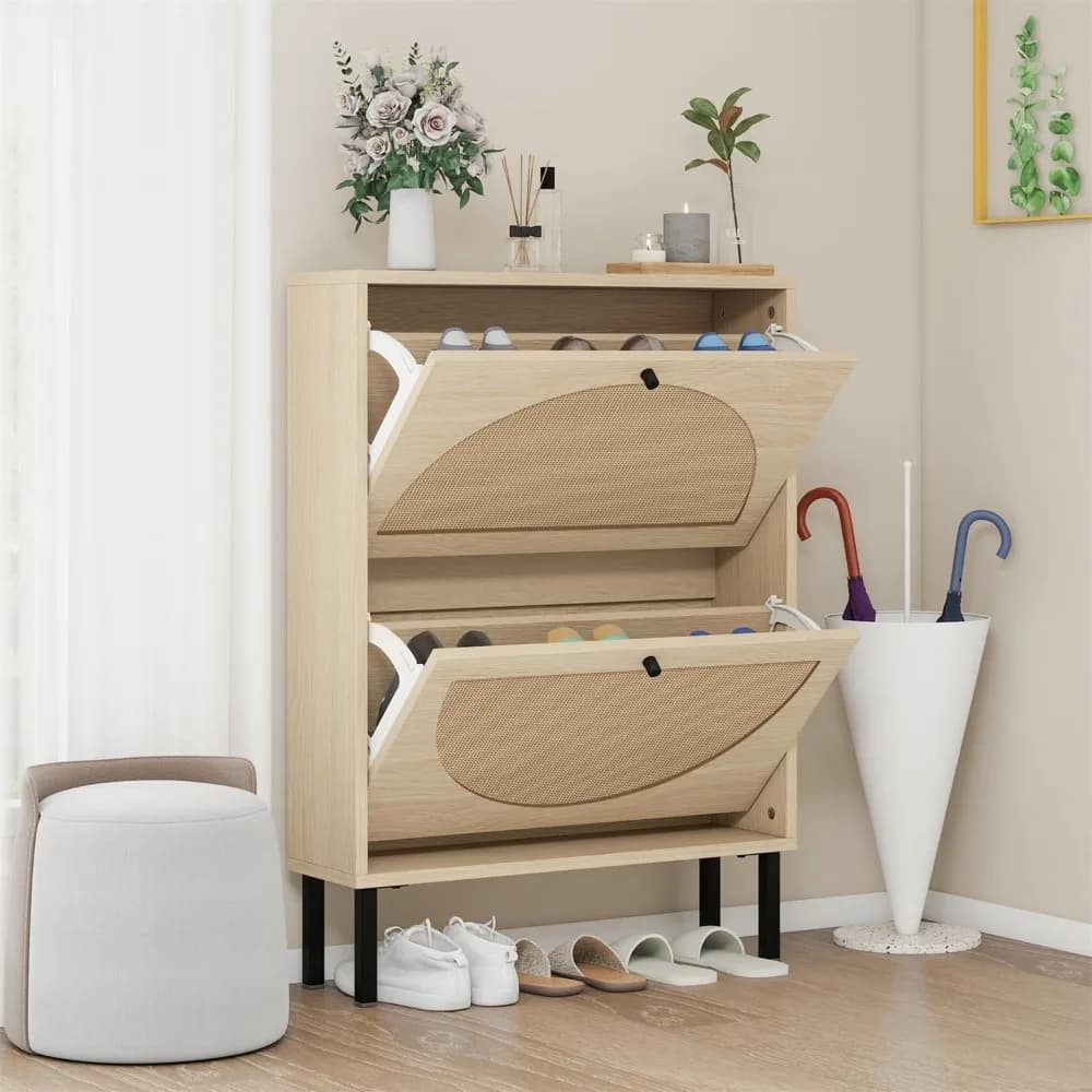 Arattan Shoe Cabinet with Two Flip Drawers, ANarrow Hidden Entrance Corridor and An Independent Shoe Rack, Shoe Cabinet