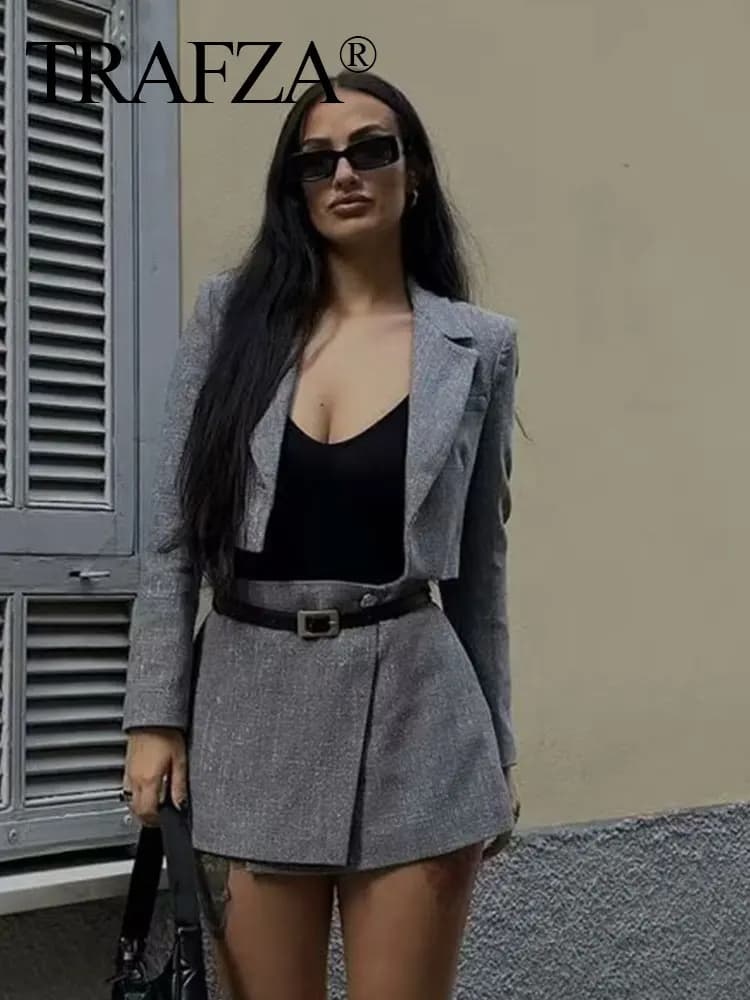 TRAFZA 2024 Women's Summer Grey Shorts Set Retro Lapel One Button Blazer + Women's Fashion High Waist Side Zipper Casual Shorts