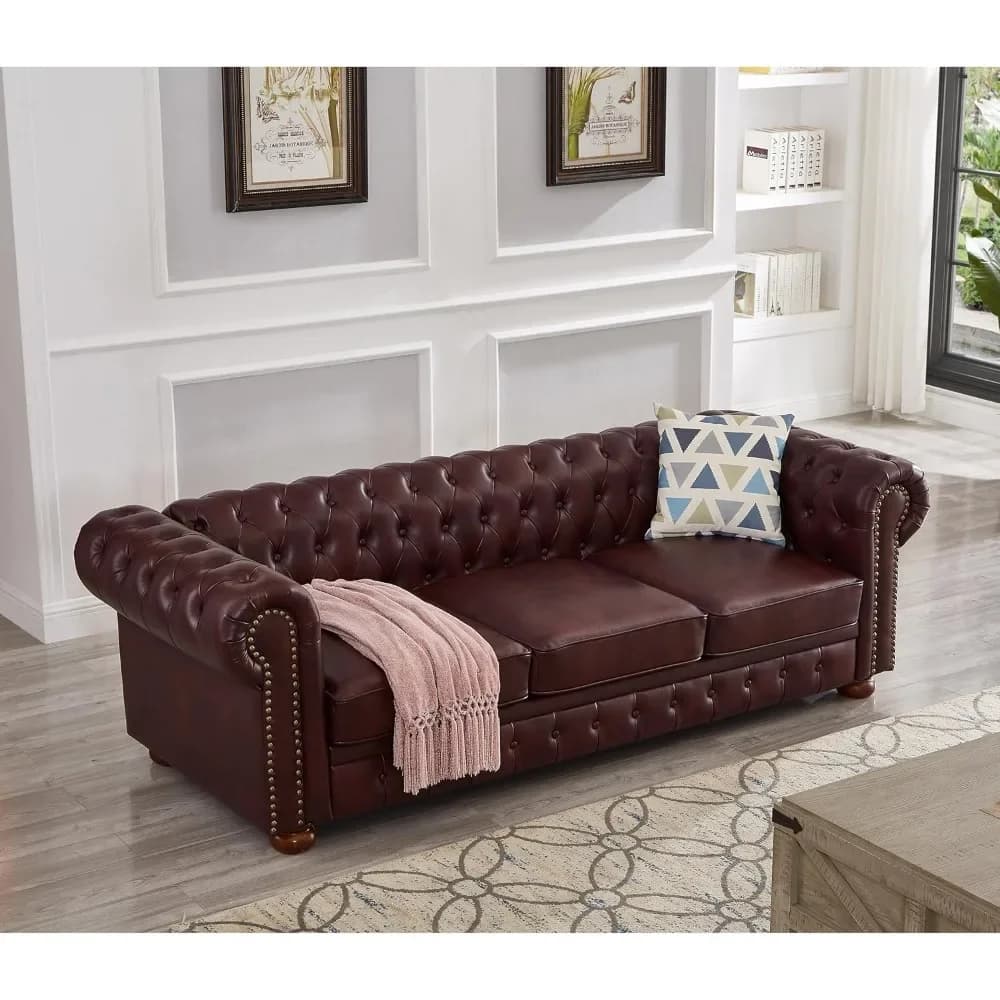 89" Faux Leather Couch Upholstered Sofa with Low Back, Roll Arm Nailhead Trim Classic 3 Seater Sofa