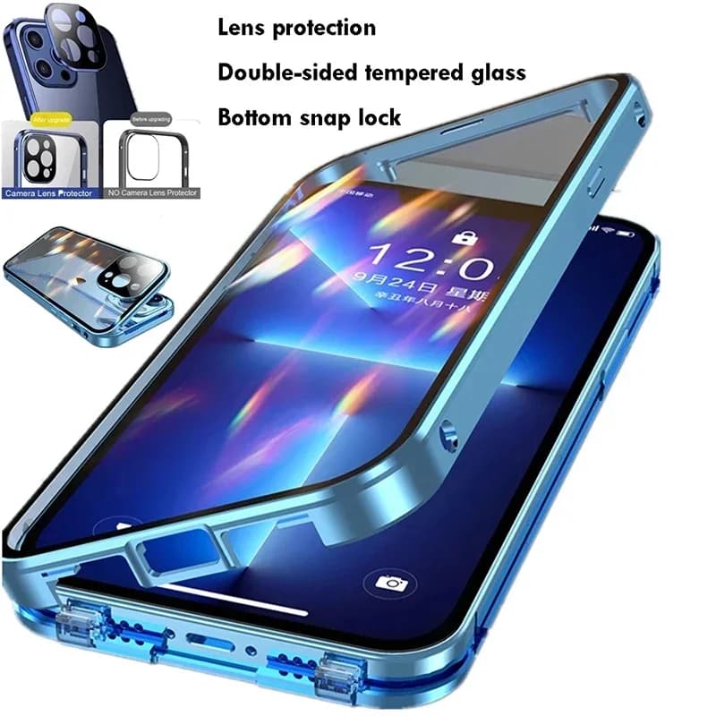 360°Full Protection Metal Magnetic Double Sided Glass Snap Lock Case For iPhone 15 14 Pro Max 16 Pro Plus 13 12 11 Bumper Cover