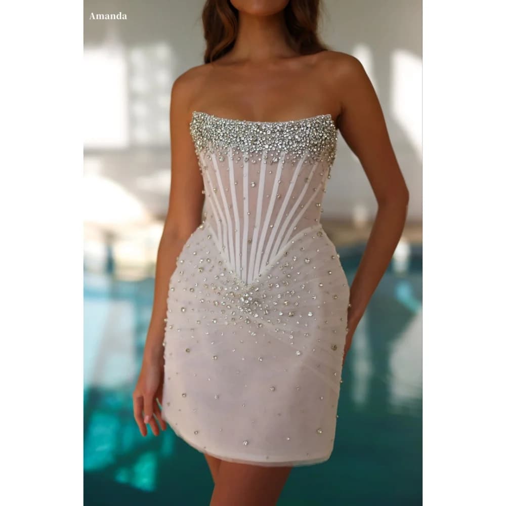 Amanda Customized White Glitter Strapless Sleeveless Prom Dresses Backless Mini vestidos de noche Knee-Length Formal Evening