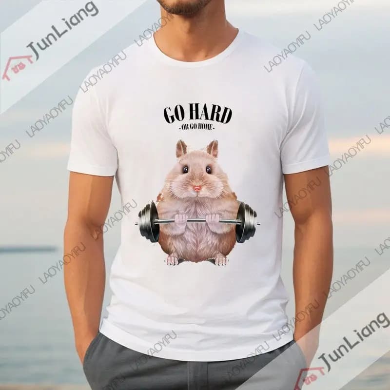 Beige Dwarf Hamster Muscle Training Weight Lifting Fitness T-shirt Unisex Summer Short Sleeved Loose Top