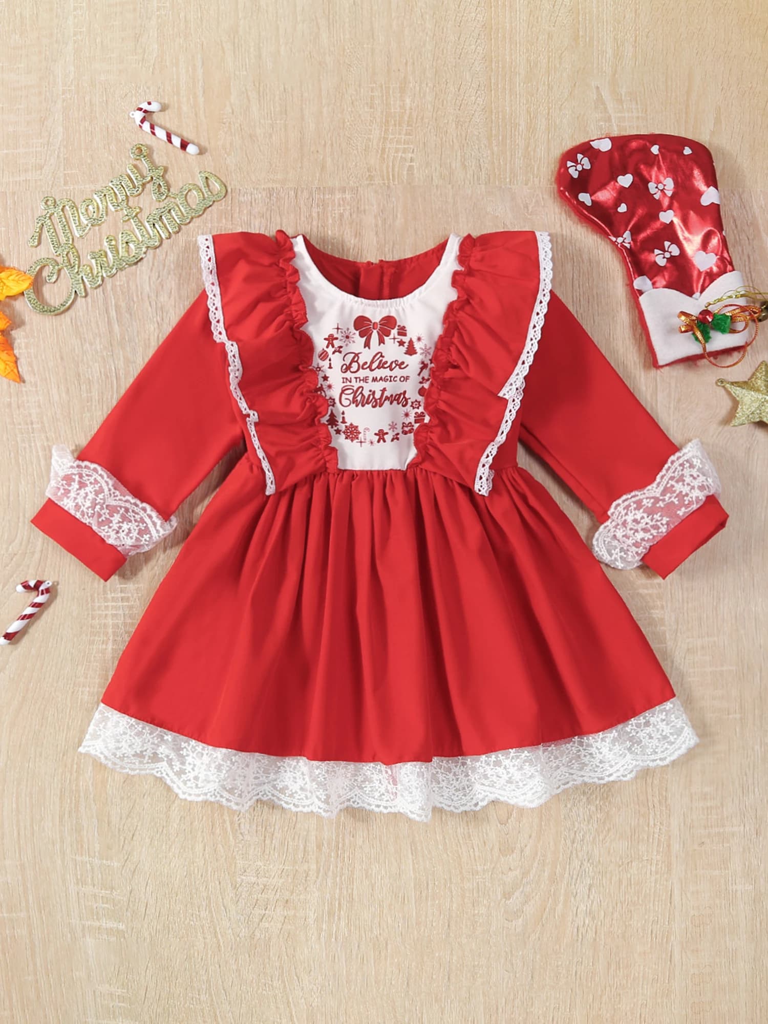 Christmas Holiday Girls Red Long Sleeve Ruffle Lace Trim Dress with Sweet Princess Print and Letter Detail