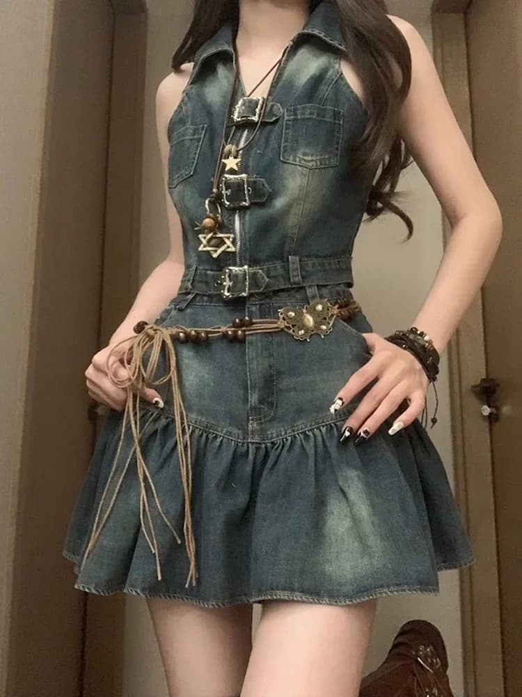 Women's Summer Vintage Korean Fashion Outfits 2 Piece Set Off Shoulder Backless Sleeveless Vest + Denim Retro Skirt with Belt