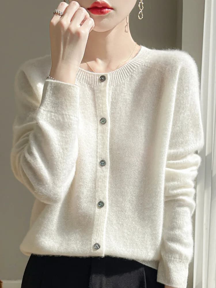 Women 100% Merino Wool Cardigan Soft O-Neck Cashmere Sweater OL Buttoned Knitwear Casual Top Clothing Korean Style