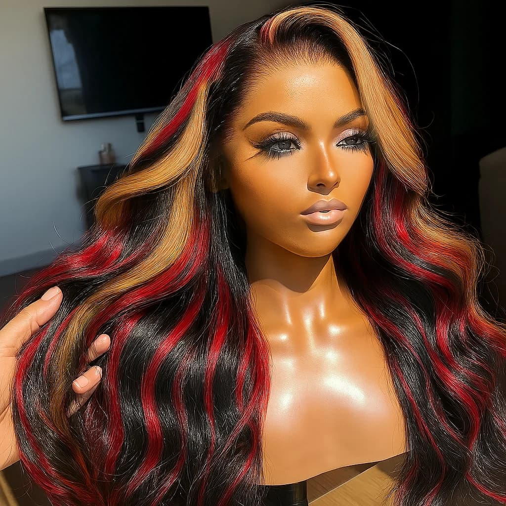 1B/99J/27 Omber black hair with red blonde Highlight 5x5 Hd Lace Closure Body Wave Wig Human Hair 99J Glueless Wig Ready To Wear