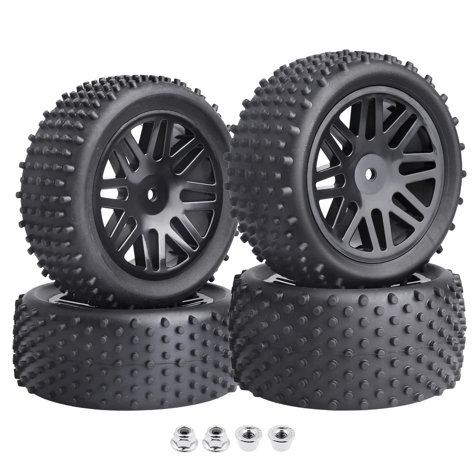 Hobbypark Non-glued 1/10 Scale Off Road Buggy Tires & Wheel Rims Set for RC Car, Front and Rear 12mm Hex Hubs with Foam Inserts