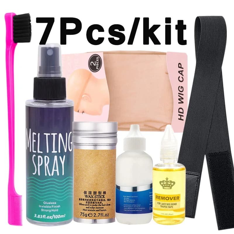 Lace Melting Holding Spray Kit 7Pcs Lace Wig Glue Hair Bond Adhesive And Remover, Hair Wax Stick Edges Brush HD Wig Cap Wig Band