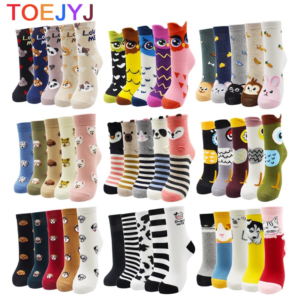 5 Pairs New Fashion Colorful Harajuku Korean Kawaii Cute Women Socks Cat Dog Owl Stripe Avocado Girl Cotton Cartoon Socks