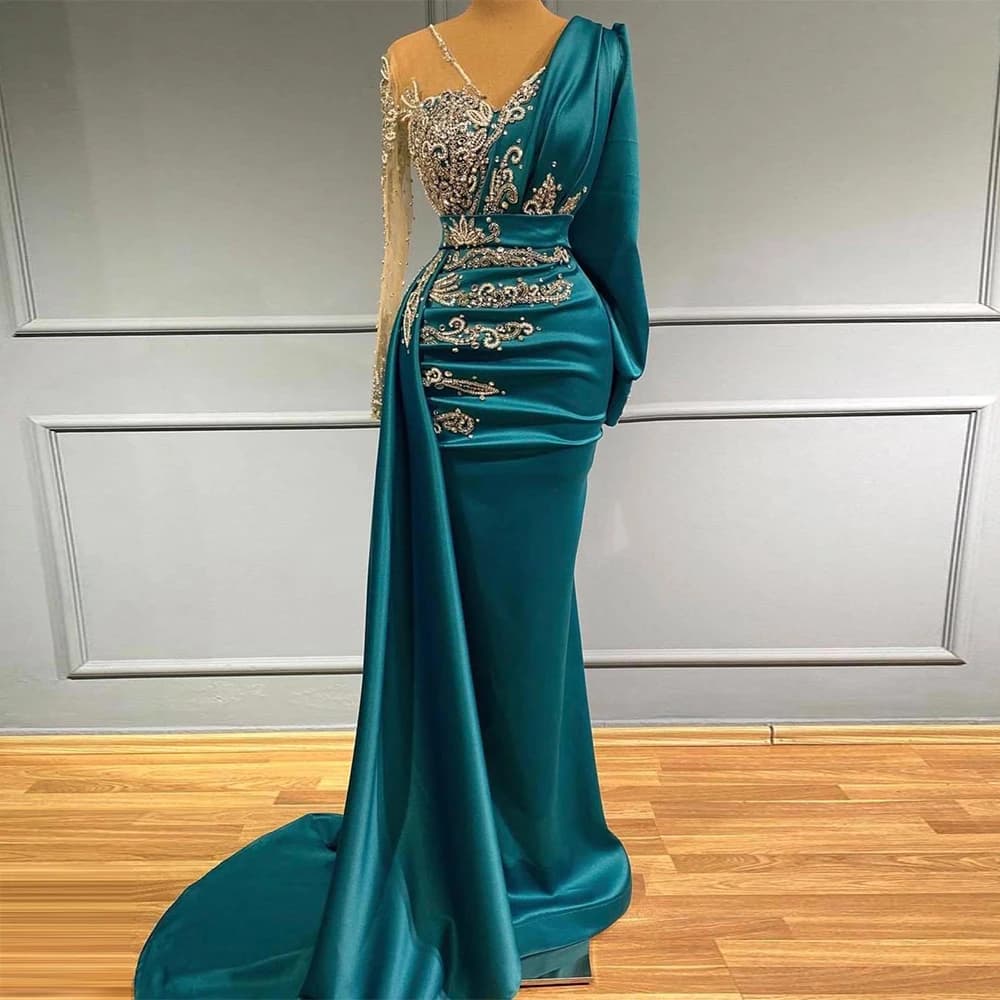 Sexy Formal Gowns Sheer Tulle V-Neck Long Sleeves Beading Applique Party Dresses For Lady Celebrity Evening Dress
