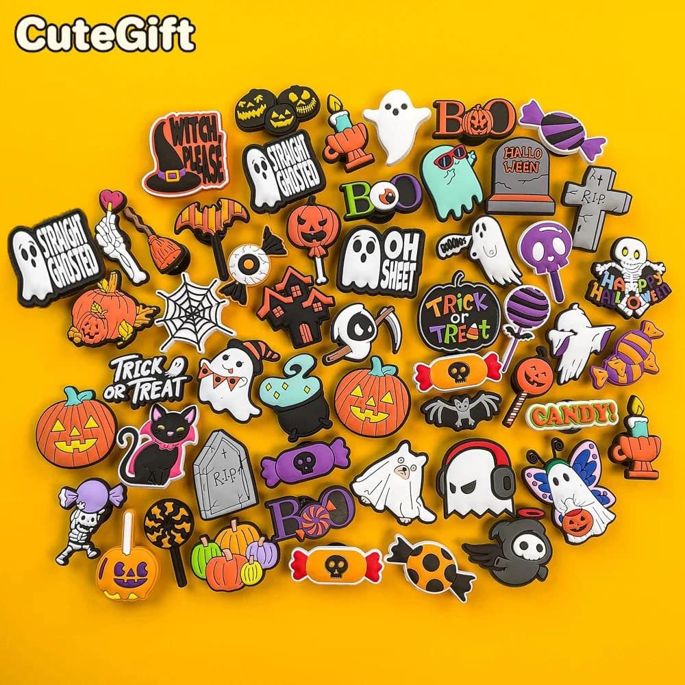 50pcs Halloween Shoe Charms Pack Cute Ghost Shoe Decorations Pins for Kids Boys Girls Gifts Pumpkin Candy RIP Clog Buckles