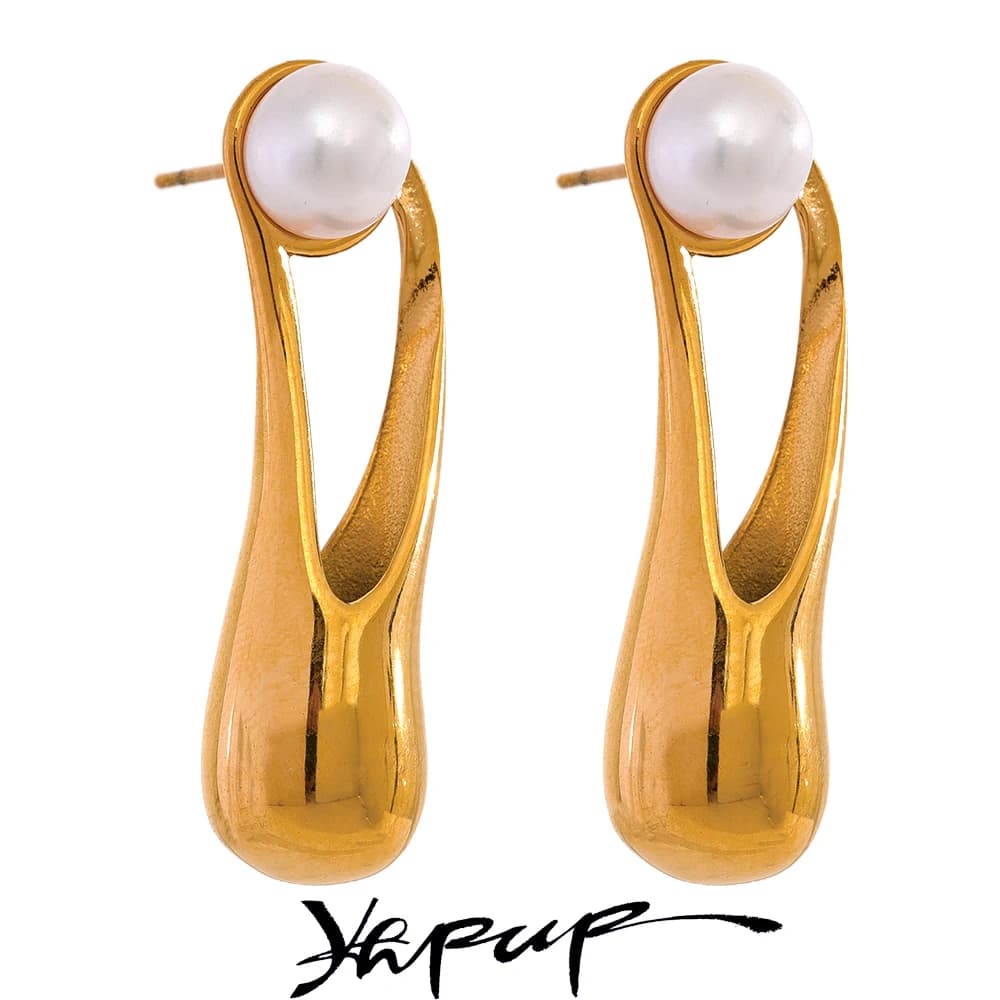 Yhpup Natural Pearl Stainless Steel Cast Geometric Elegant Long Stud Earrings Fashion Metal Golden Jewelry Prevent Allergy Gift
