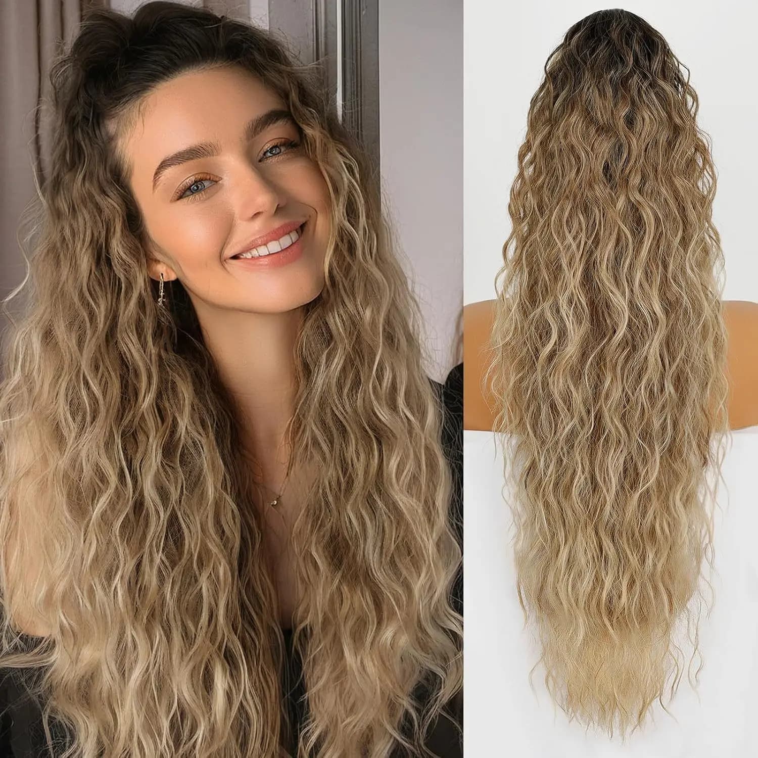 Wig clip, ponytail, water ripple, long curly hair, fluffy long curly hair, ponytail