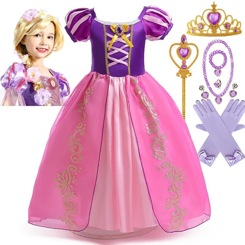 Rapunzel Princess Dress Costume For Kids Girls Halloween Cosplay Puff Sleeve Birthday Party Dresses Gowns Children 1-10Y Clothes