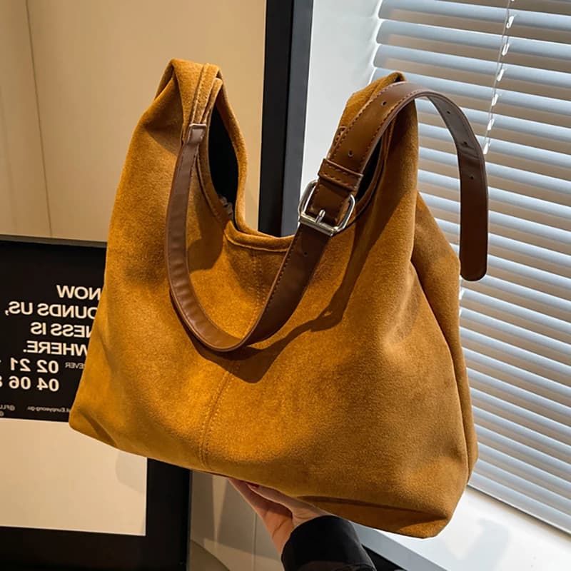 Vintage Women's Bag Suede Shoulder Bag Simple Tote Handbag Large Capacity Stylish Commuting Bag Solid Color Hasp Closure Handbag