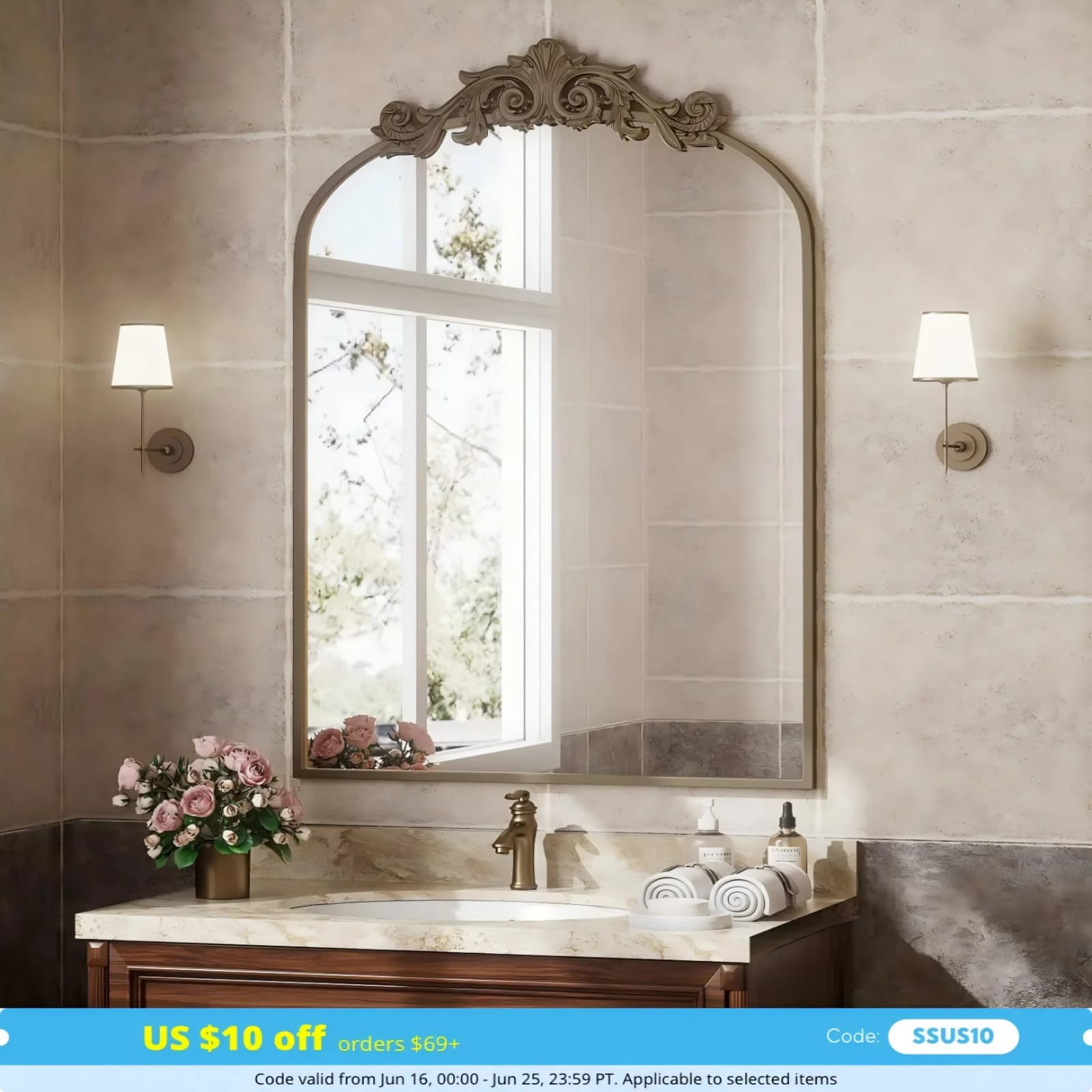 24”x36" Arched Vanity Wall Mirror Decorative Vintage Bathroom Mirror