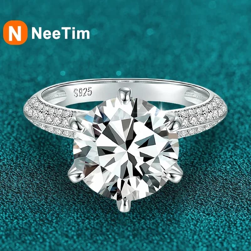 NeeTim 5 Carat Moissanite Wedding Rings For Women 925 Sterling Silver Eternity with White Gold Plated Band Engagement Jewelry