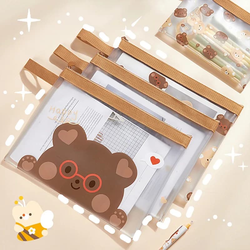 1 Piece Cute Cartoon File Storage Bag Kawaii Bear Pencil Case A4 A5 Transparent High Capacity Waterproof Zipper Pocket Folders
