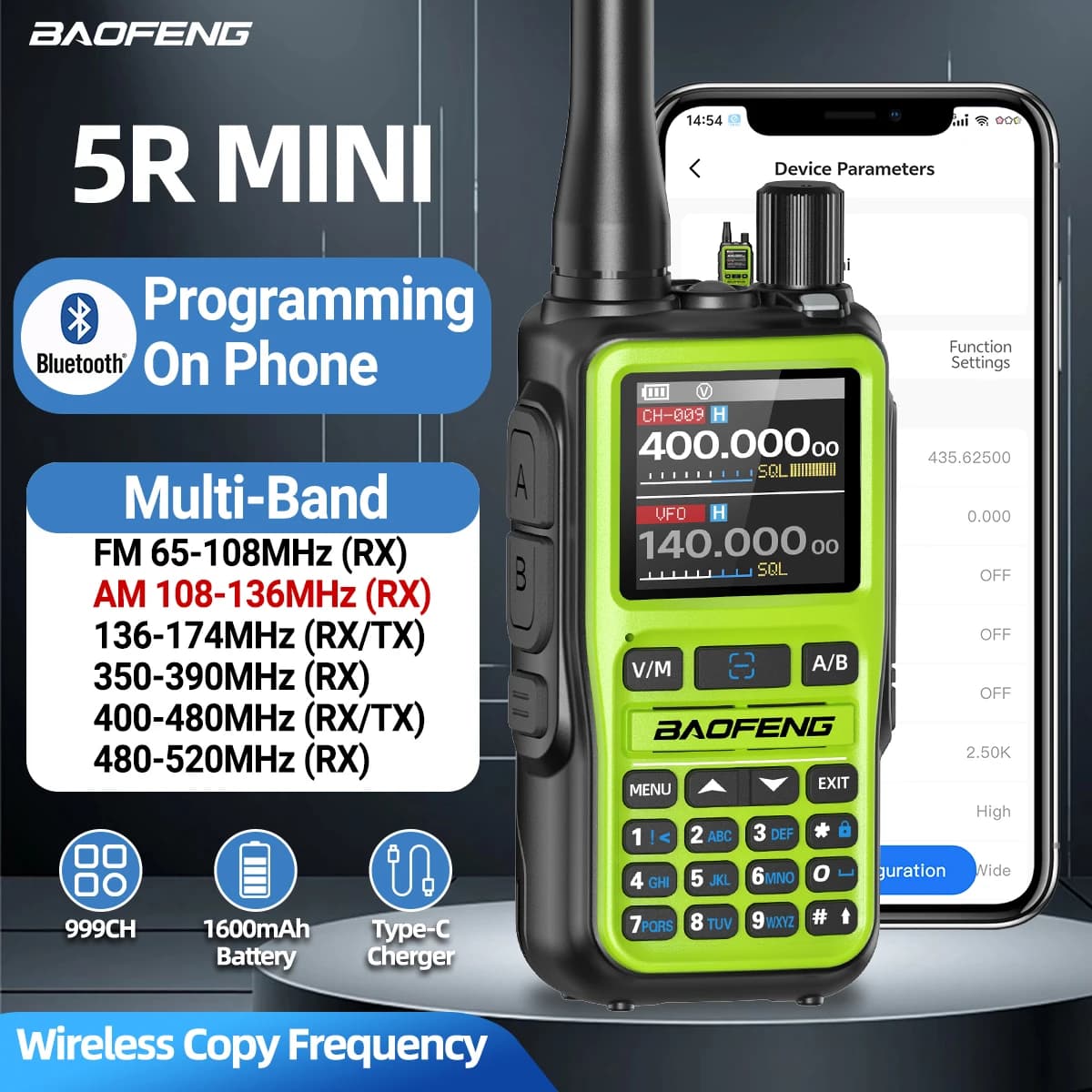 Baofeng UV-5R Mini Walkie Talkie Bluetooth Programming Wireless Copy Frequency Full Band 999CH AM FM Type-C Long Range Ham Radio