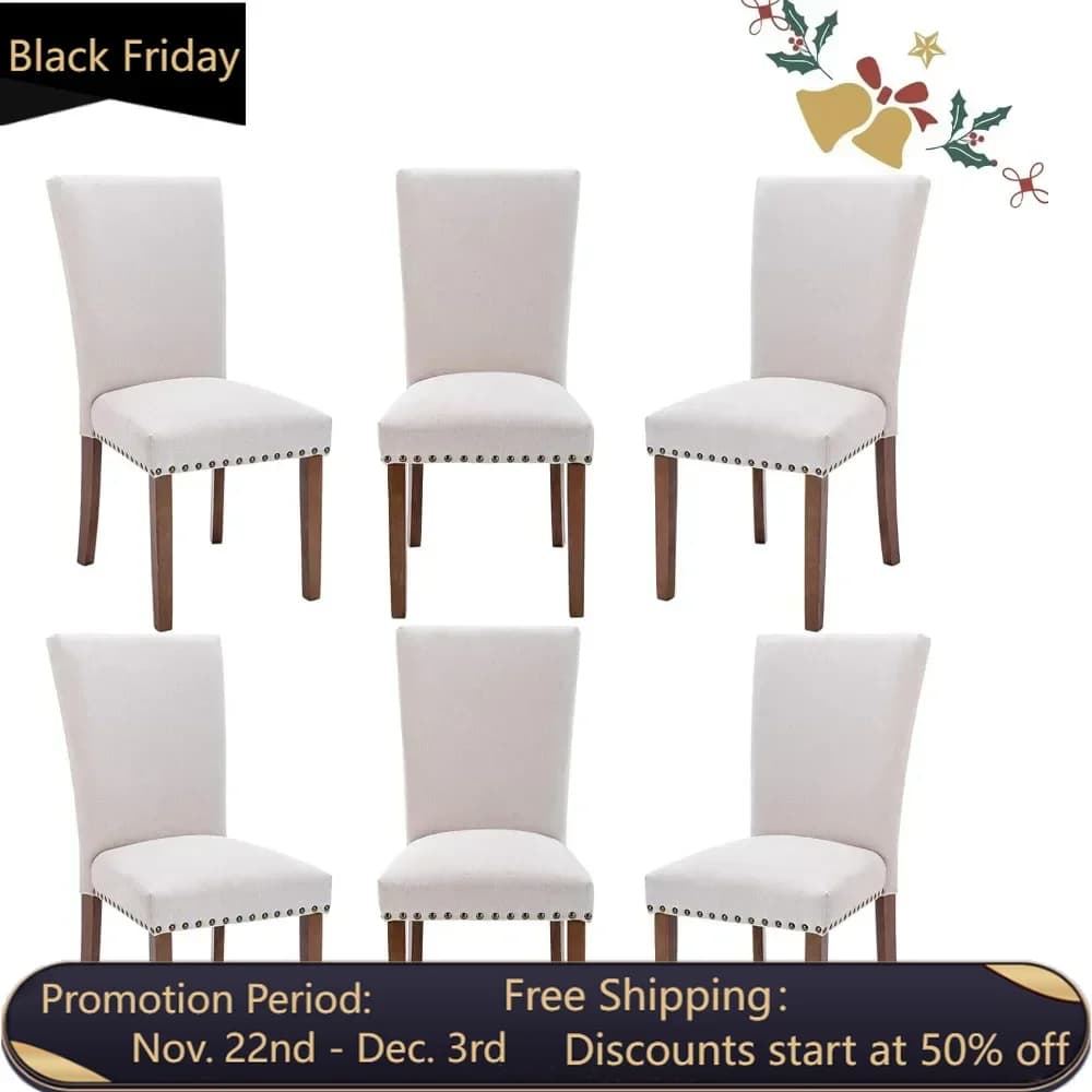 Dining Chairs Set of 6, Upholstered Nailhead Dining Room Kitchen Side Chair with Thick Cushions and Wood Legs, Beige