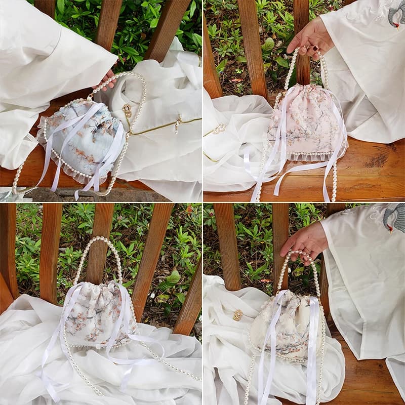 Chinese Traditional Hanfu Purse Antique Tassel Pearl Flower Tote Bag Women Kimono Haori Floral Art Wallet Japanese Style Handbag