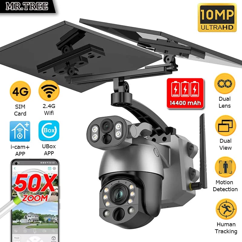 Wifi Surveillance Cameras Solar Energy 4G SIM 10MP 50x Zoom Outdoor Security Protection Cam PTZ Humanoid Tracking Night Vision