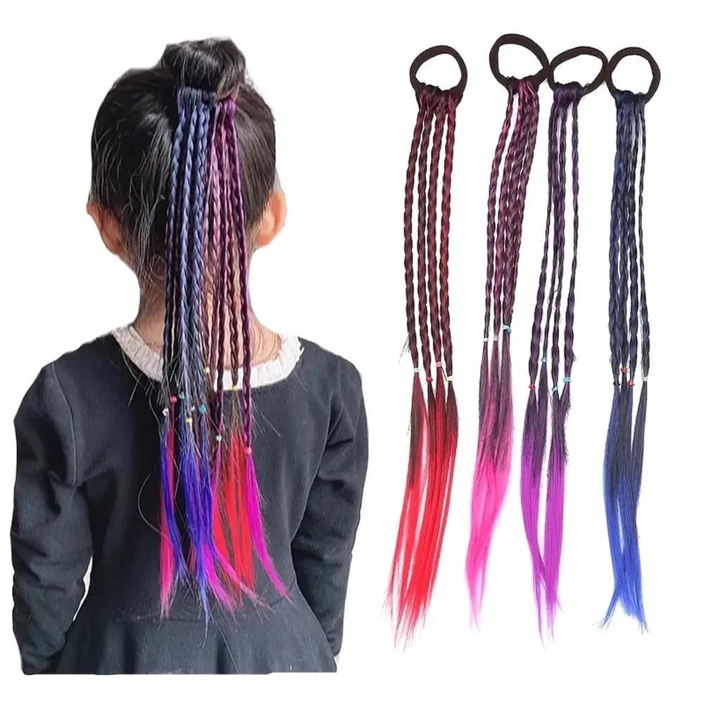2PCS 45cm Rainbow Ponytail Girls Kids Hair Extension Synthetic wigs Dreadlocks Braids With Rubber Band Y2K Colorful Ponytail wig