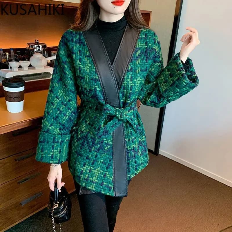 KUSAHIKI Fashion Patchwork Hit Color Autumn Winter Jackets Elegant Bandage Slim Waist Cardigan Coat 2023 New Korean Outwear Tops