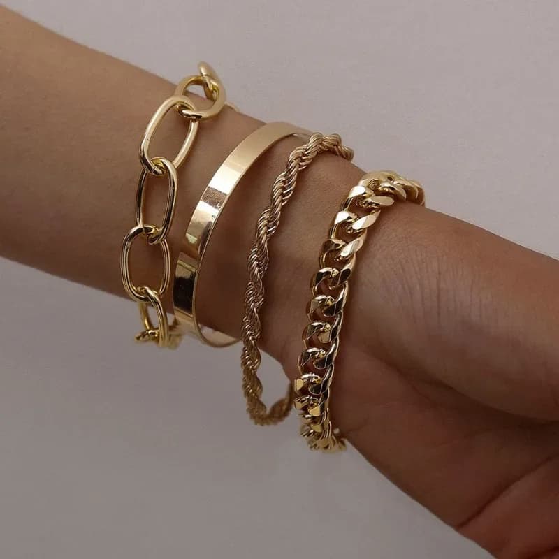 4pcs/set Hiphop Exaggerated Golden Fried Dough Twists Chain Bracelets Fashion Simple Geometric Jewelry Women for Commuting