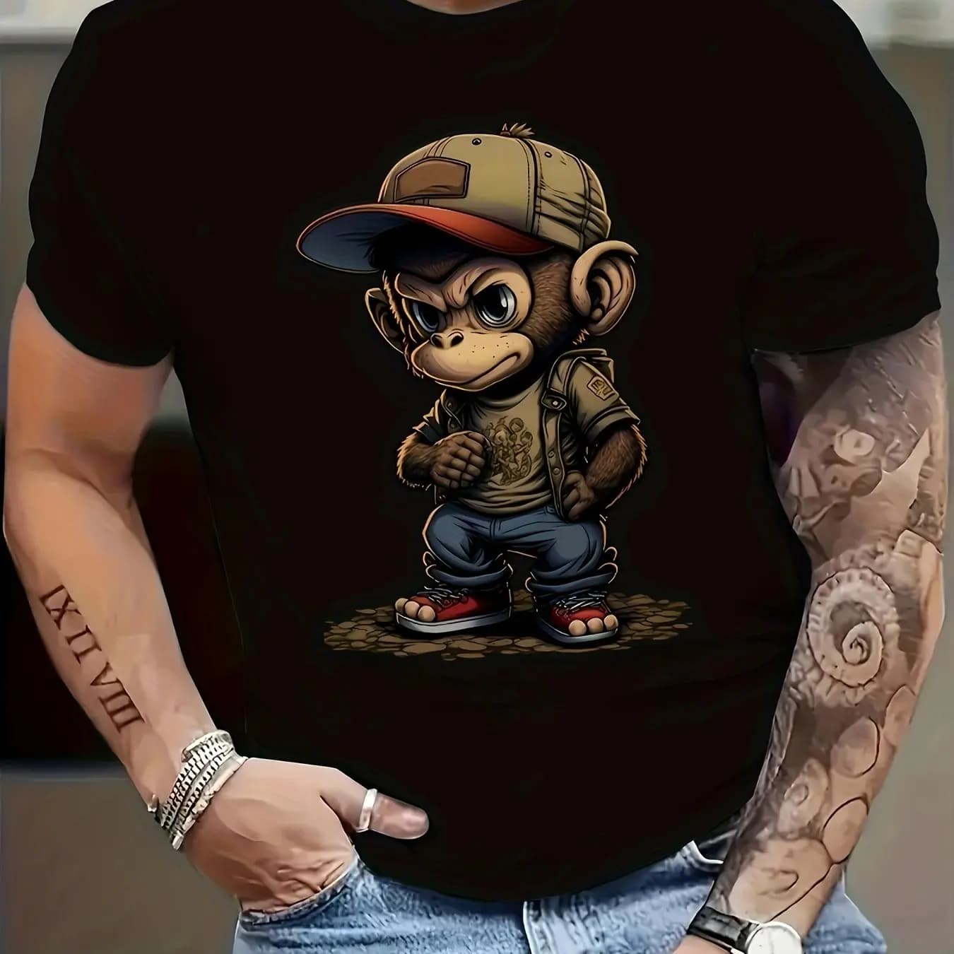 Fashoin Short Sleeve T-shirt For Men Loose Fit Monkey Graphic Pullover Men Tshirts High Elastic Casual 3D Printed Men's Clothing