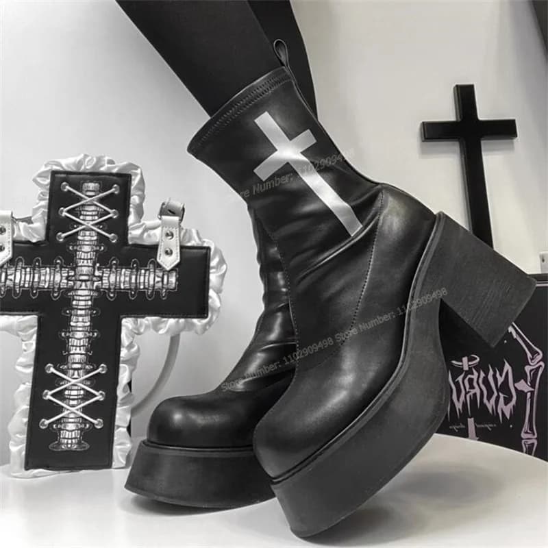 Black Matte Leather Gothic Ankle Boots Cross Platform Round Toe Shoes for Women Chunky High Heels Shoes 2023 Zapatos Para Mujere